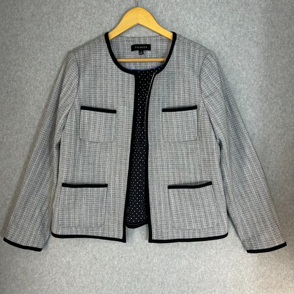 Talbots Blazer Jacket Womens Size 12 Black White Tweed Trim Open Front Career